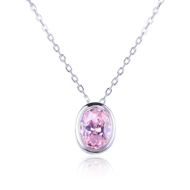 Hainon wholesale Round Pink zircon S925 Silver Necklace Female Simple Pendant Gift card flannel bag set 1