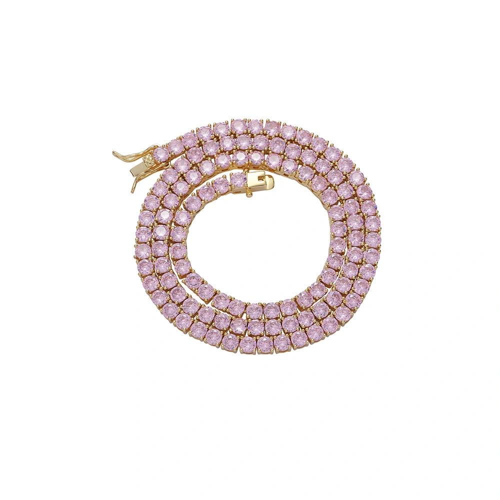 Hainon 4mm Pink Zircon Hip Hop Chain Copper Tennis Chain Rose Gold Inlaid Single Row Chain Hip Hop Necklace Women Men Jewelry 1