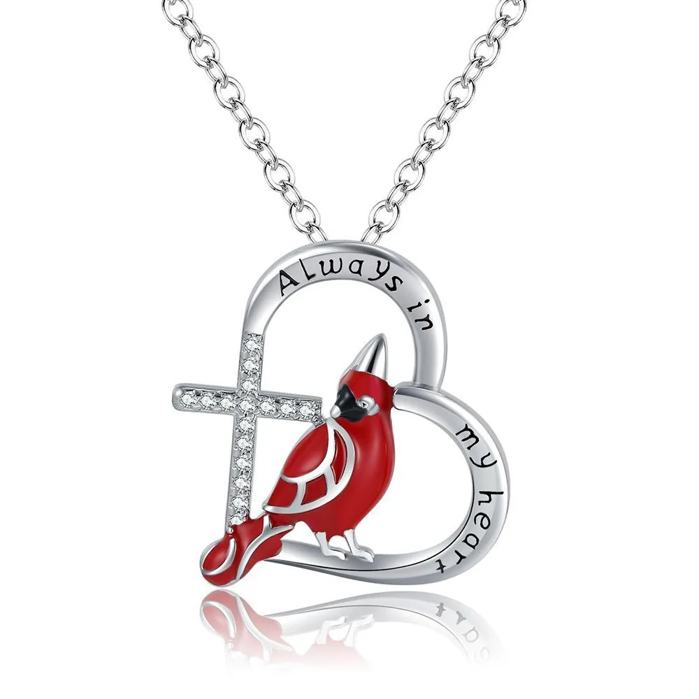 Hainon Fashion Silver Plated Zircon Heart Cross Pendant Necklace for Women Red Parrot Always in My Heart Necklace Wholesale 1