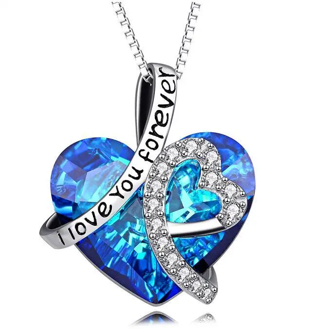 Hainon Heart crystal necklaces blue heart shaped zircon pendant necklace box chain wedding jewelry  women Valentine's Day gift 1