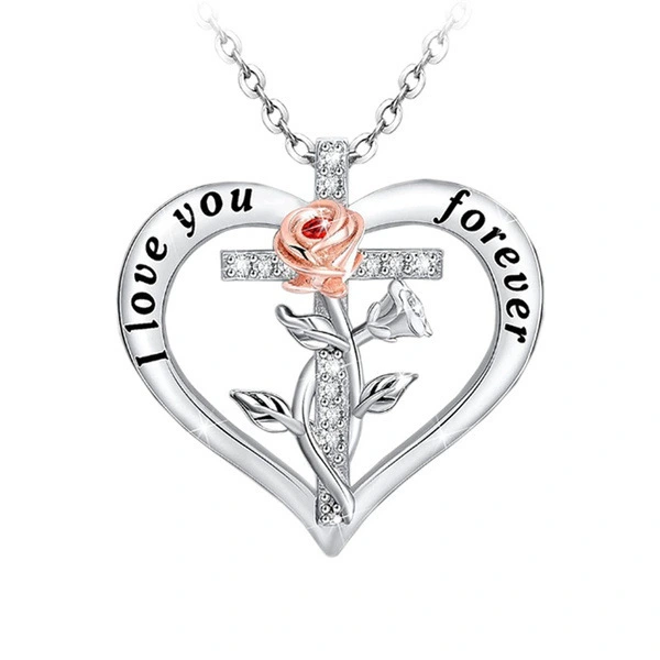 Hainon Fashion Silver Plated Zircon Heart Cross Pendant Necklace for Women Rose Flower I love you forever Necklace Wholesale 1