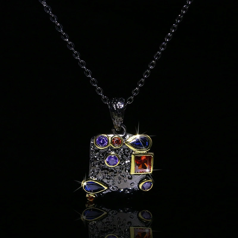 Hainon Black Plated Color Blue Red Stone Sweater Chain Necklace for Women Ethnic Retro Style DIY Pendant Necklace Decoration 1