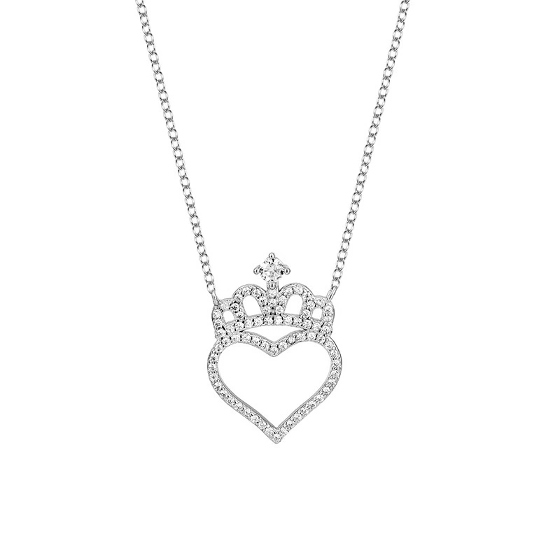 Hainon S925 Sterling Silver Heart shape Crown Necklace Full of Diamond Love Pendant Clavicle Chain Fashion 1