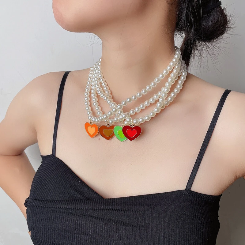 Hainon new fashion Simple pearl Heart necklace creative fashion geometric heart necklace jewelry wholesale 1