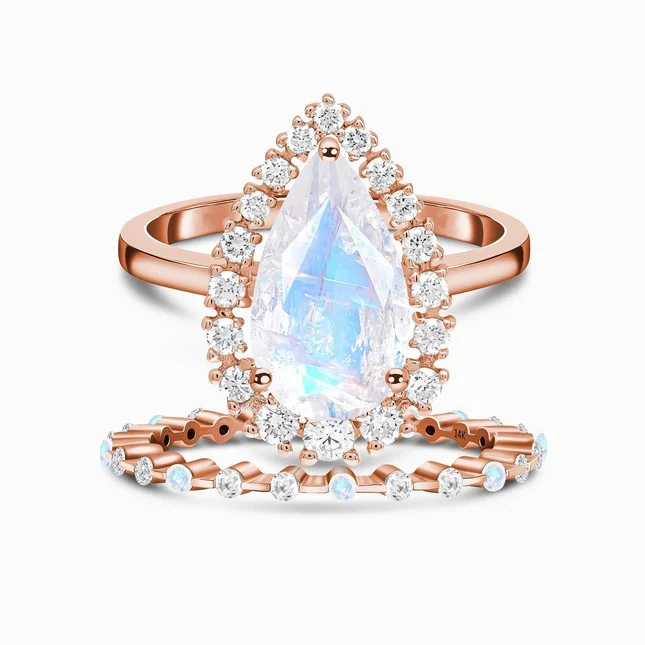 Hainon S925 Sterling Silver Micro Zircon Rose Gold Moonstone Ring Set Engagement Ring 1