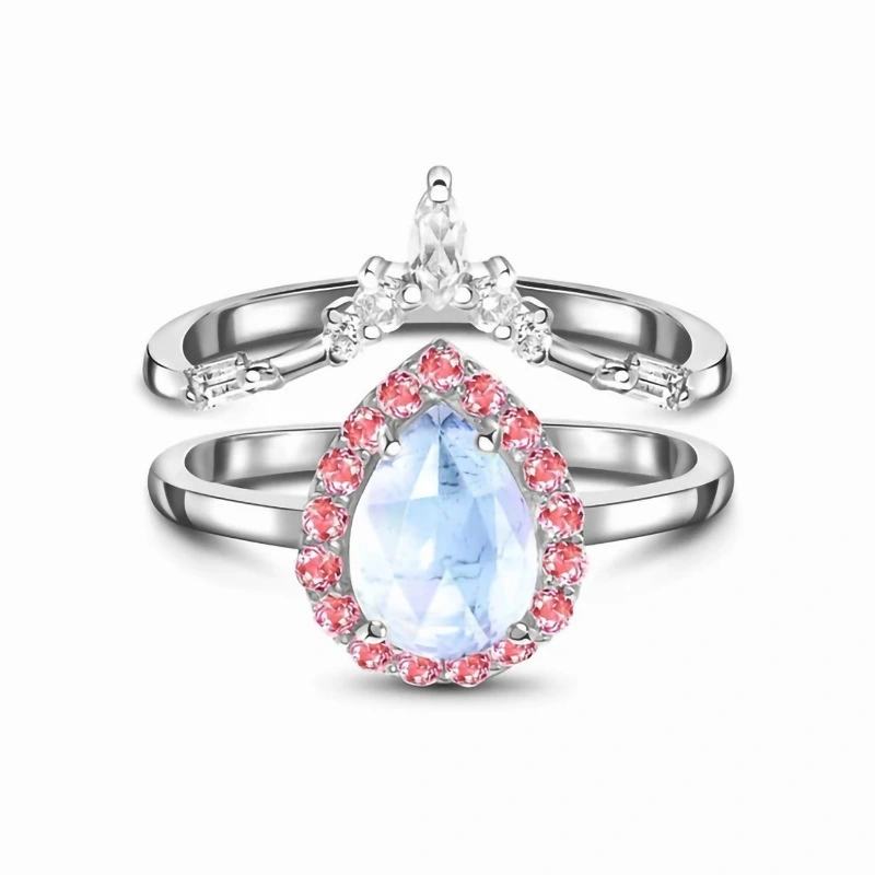 Hainon  S925 Sterling Silver Waterdrop Ring Micro Set Zircon Moonstone Double Layer Wedding Ring 1