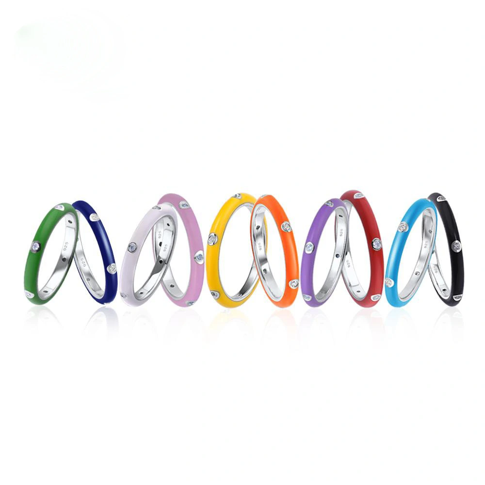 Hainon Women's Ring Silver Color Rainbow Zircon Eternal Stackable Ring Fashion Jewelry Handmade Enamel 1