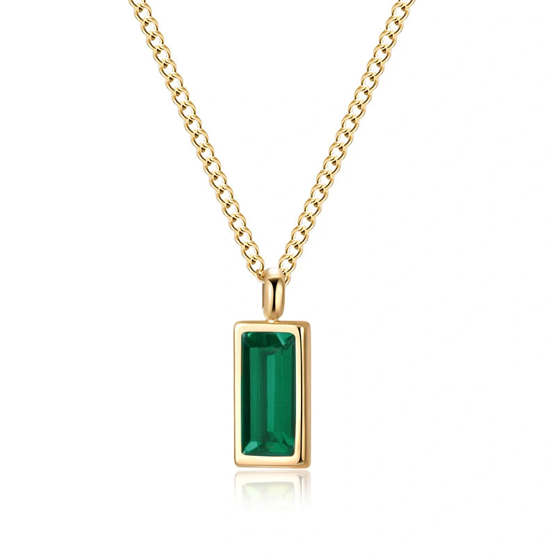 Hainon Rectangular Emerald Zircon Pendant Necklace Stainless Steel Clavicle Chain 14K Simple Pendant Necklace Women 1