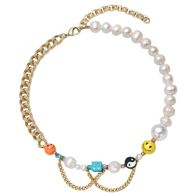 Hainon Beaded Smiley Necklace Pearl Cuban Chain Stitched Copper 18K Gold Plated Clavicle Chain 1