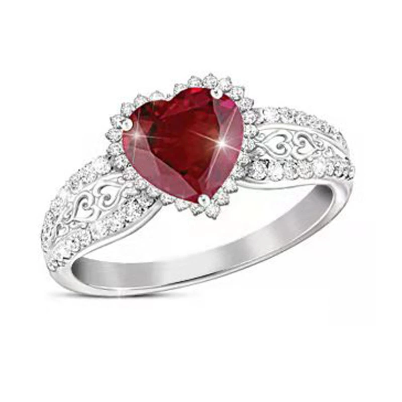 Hainon Hot sale heart shape red crystal white zircon English letter ring popular exquisite jewelry ring 1