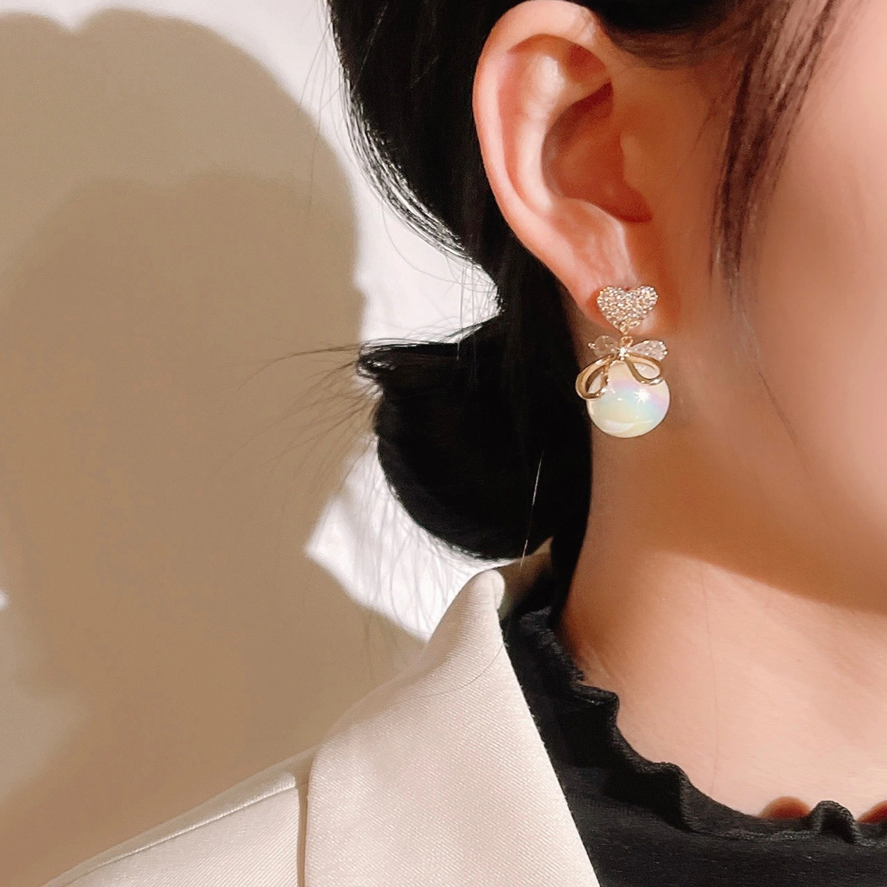 Hainon 2022 Rainbow Pearl Mermaid earrings Sweet heart zircon stud earrings women Shiny fashion jewelry New 1