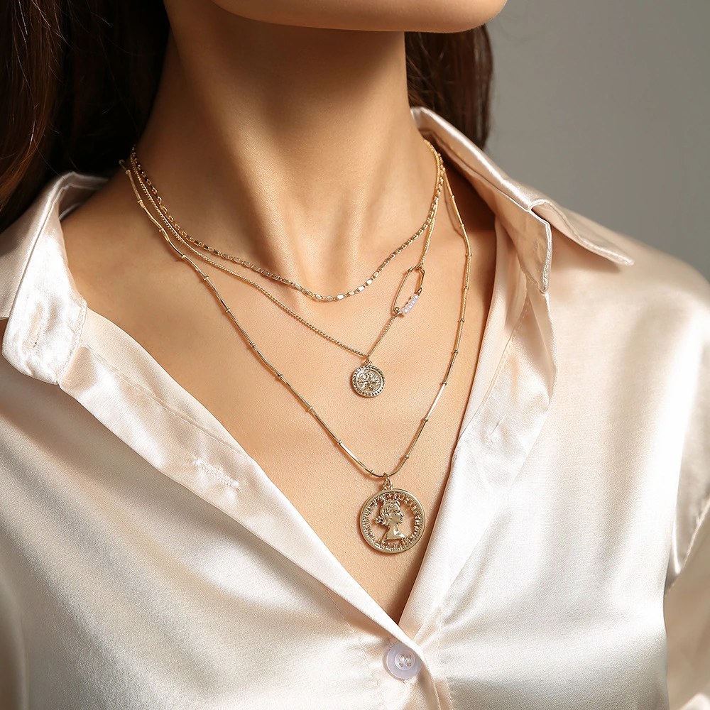 2021 summer women necklace style fashion beauty head coin multi-layer personalized necklace 1