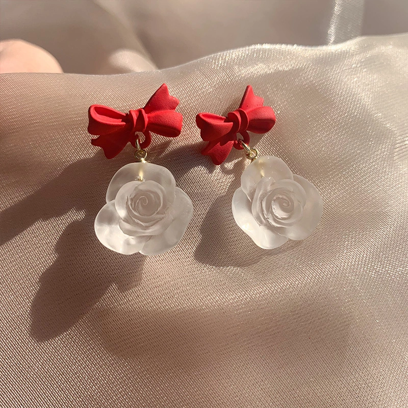 Hainon Red Bowknot rose flower earrings s925 silver needle temperament flower earrings girl heart earrings 1