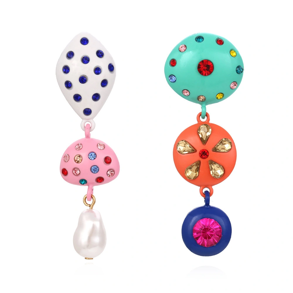 Hainon Exaggerated color matching diamond earrings personalized candy color asymmetric pearl earrings long 1