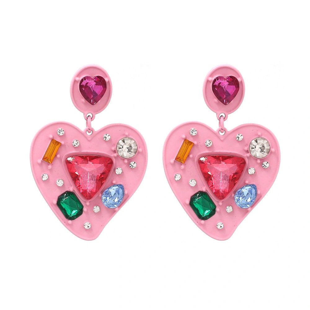 Hainon European and American personality creative heart alloy earrings exaggerated glass crystal earrings 1