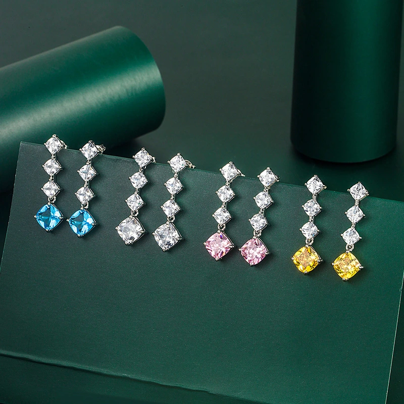 Hainon 2022 Earrings jewelry Women Luxury 4 Stone long pink blue yellow zircon stud earrings Party gift wholesale 1