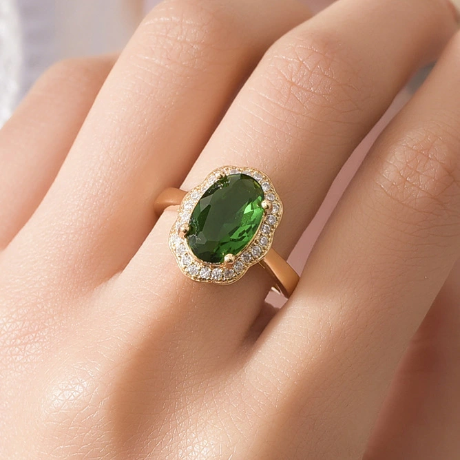 2021 hainon gold-plated simple style Green Crystal Oval big stone jewelry ring 1