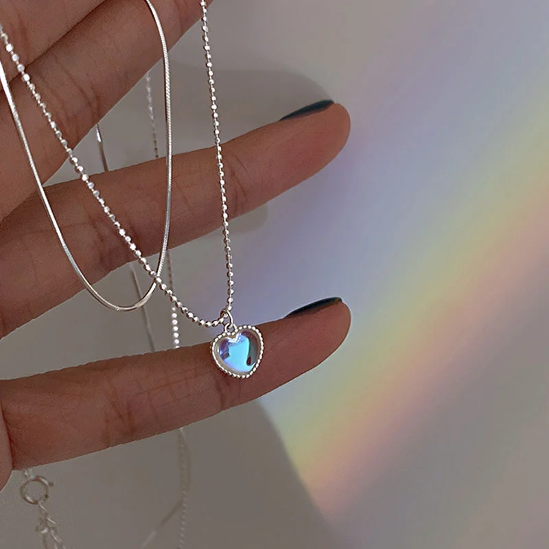 Hainon 925 sterling silver love necklace female niche design moonstone double layered heart shaped clavicle chain 1