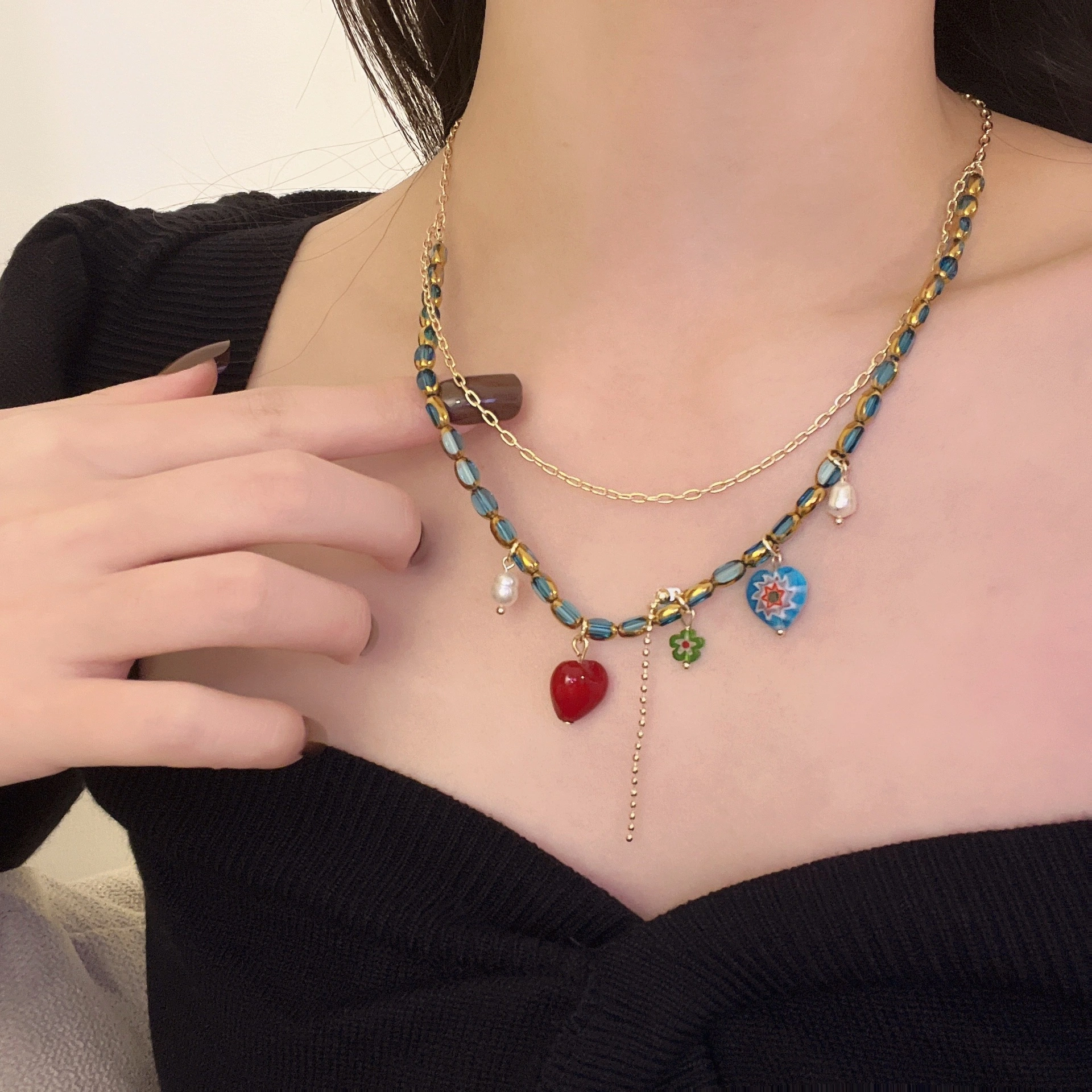 Hainon blue red Love Handmade Necklace Pearl Pendant Clavicle Chain Necklace jewelry for women wholesale 1