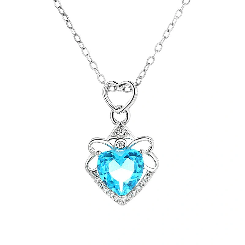 Hainon Crown Love Heart Necklace Blue Zircon Pendant Jewelry For Girl Fashion Crystal Pendant Necklace Wholesale 1