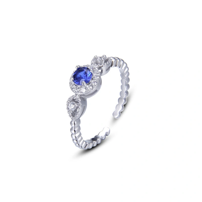 Hainon Fashion blue round zircon ring jewelry for women S925 silver open ring female Gift card flannel bag set 1