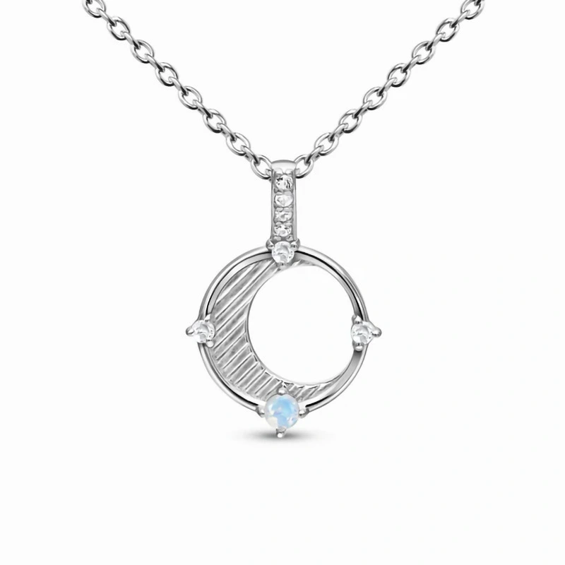 Hainon Vintage S925 Sterling Silver O-Shaped Moonstone Pendant Neckalce Jewelry 1