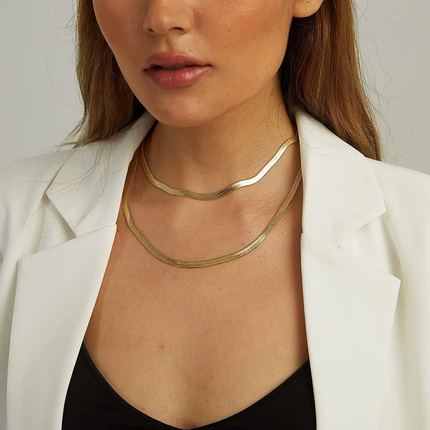 Hainon Stainless steel chains 18K Gold 2MM 3MM 5MM Flexible Flat Herringbone Chain Necklace for Women Men 16 18 20 22 24Inch 1