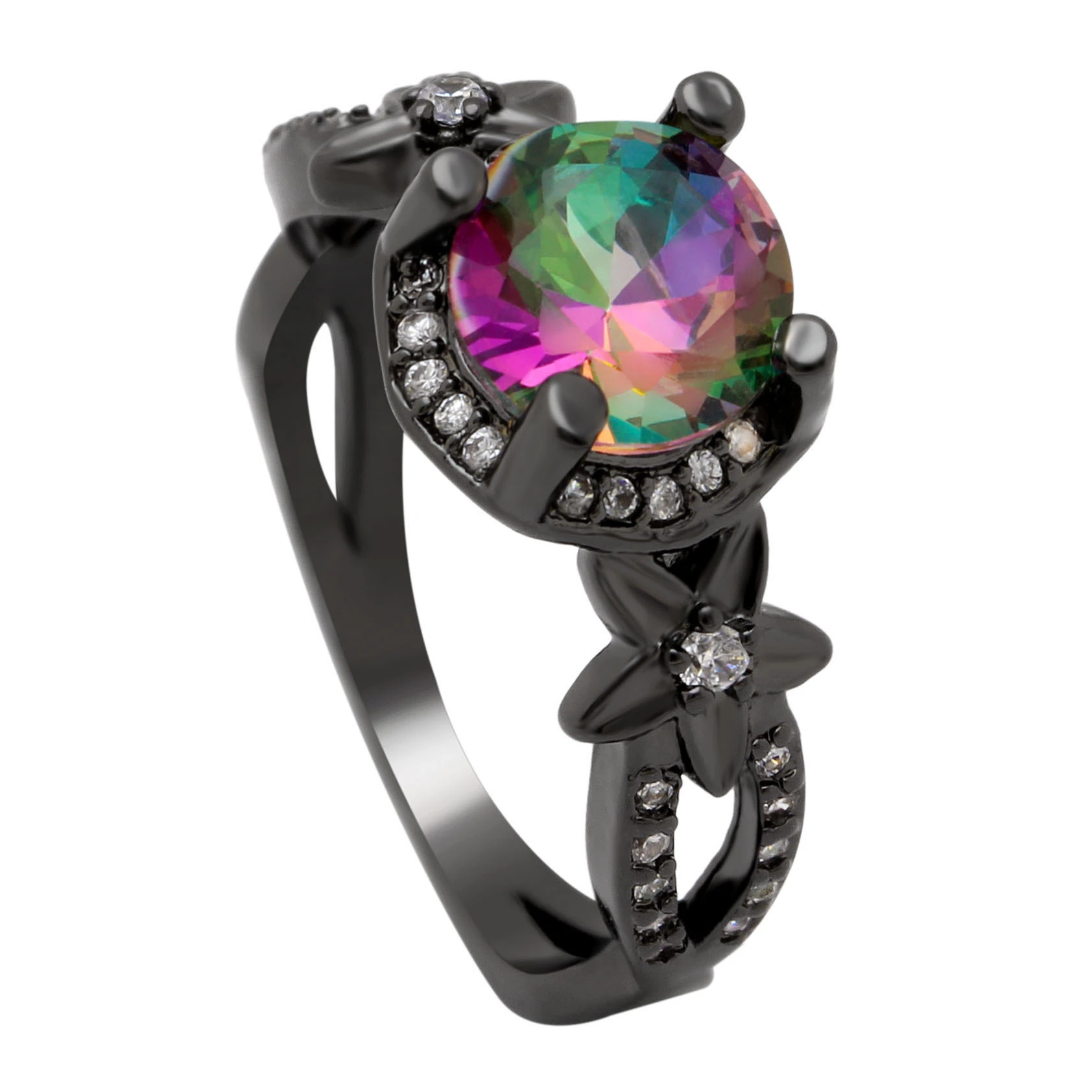 Hainon Black Gold Plated Rings for Women Birthstone Color Cz Purple Pink Red Blue Rainbow Promise Vintage Ring Gifts Jewelry 1