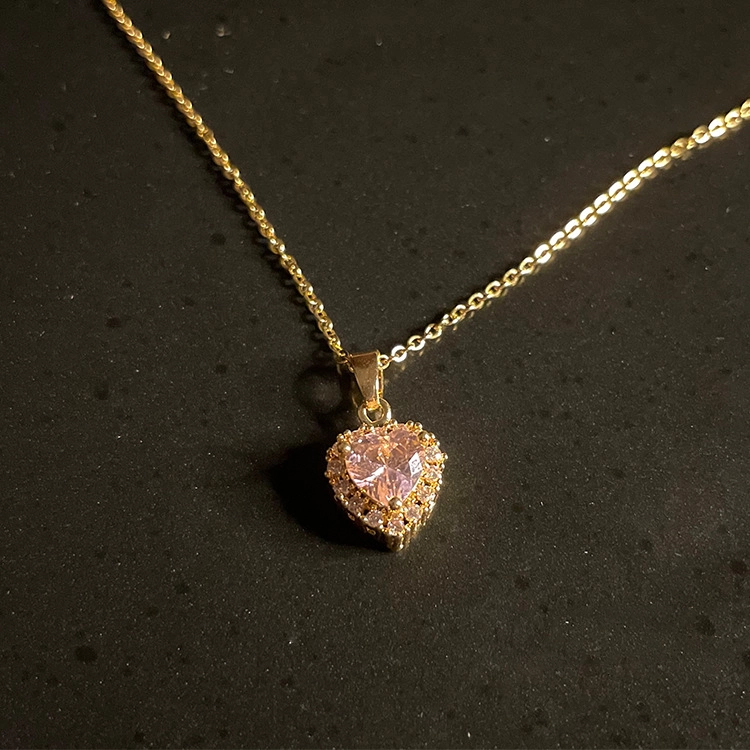 Hainon Retro fashion love pink zircon necklace simple pink heart clavicle chain cute pink necklace 1