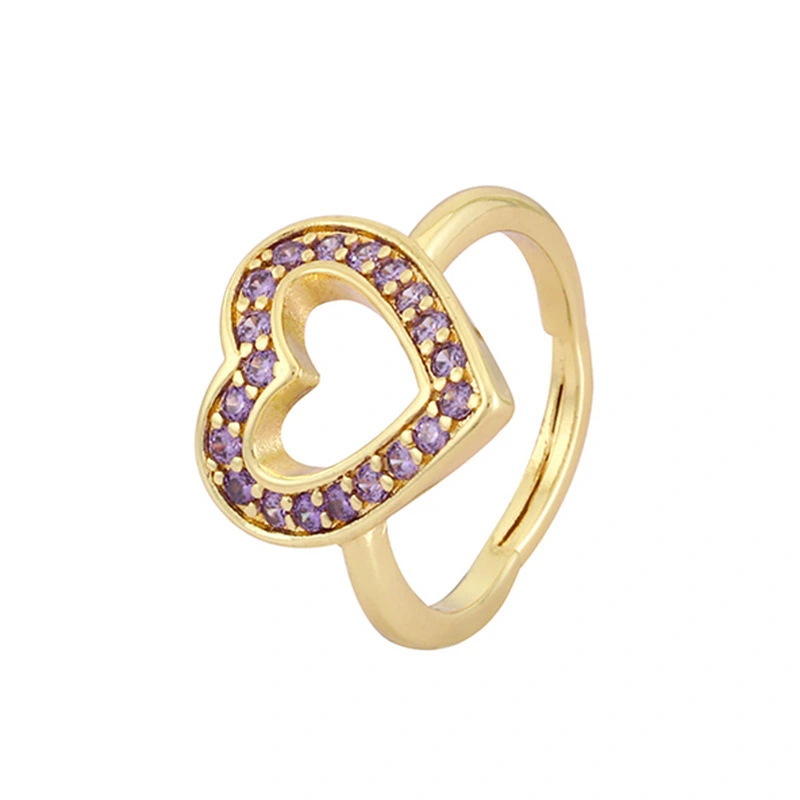 Hainon Love fashion copper micro inlaid color zircon gold open ring female simple heart shape ring jewelry 1