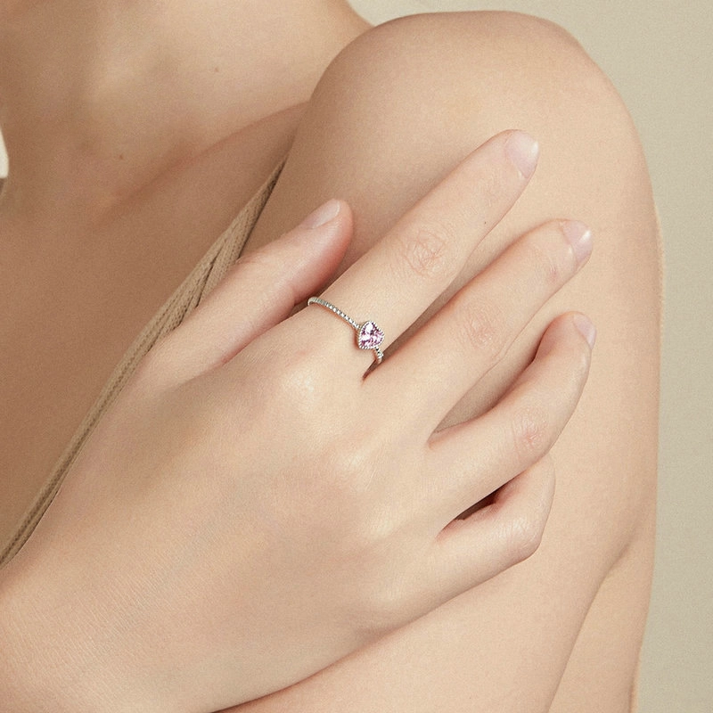 Hainon New fashion style pink love ring for girl 925 silver heart shape pink zircon ring jewelry wholesale 1