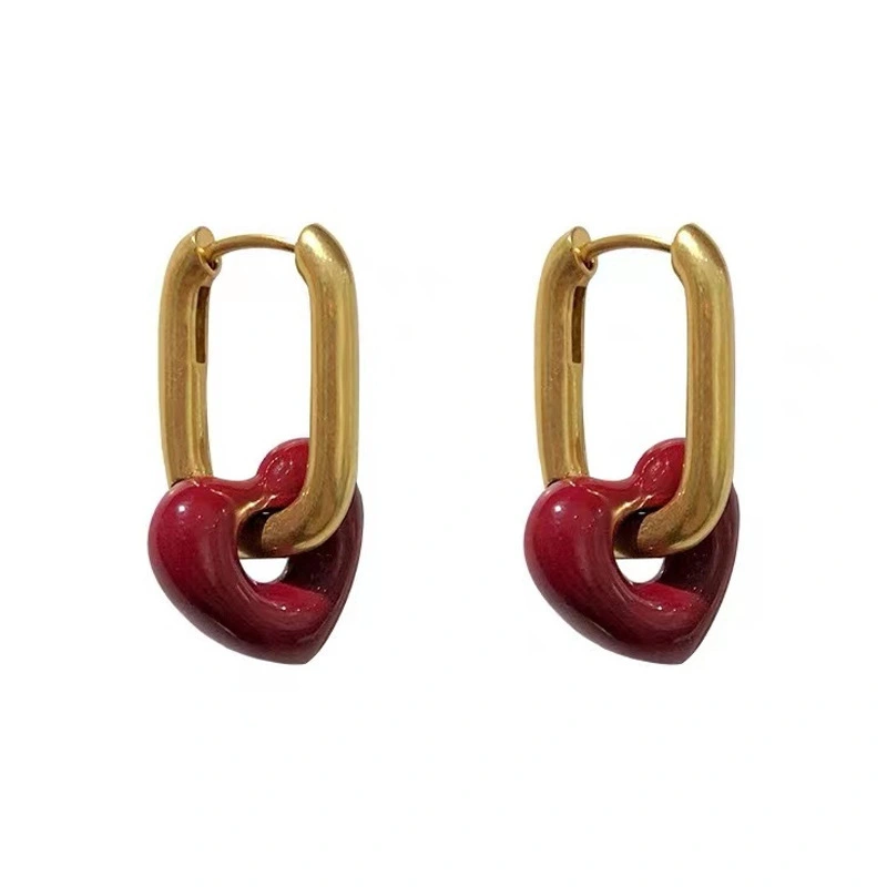 Hainon Retro red love heart earrings personality fashion simple temperament all match earrings women 1