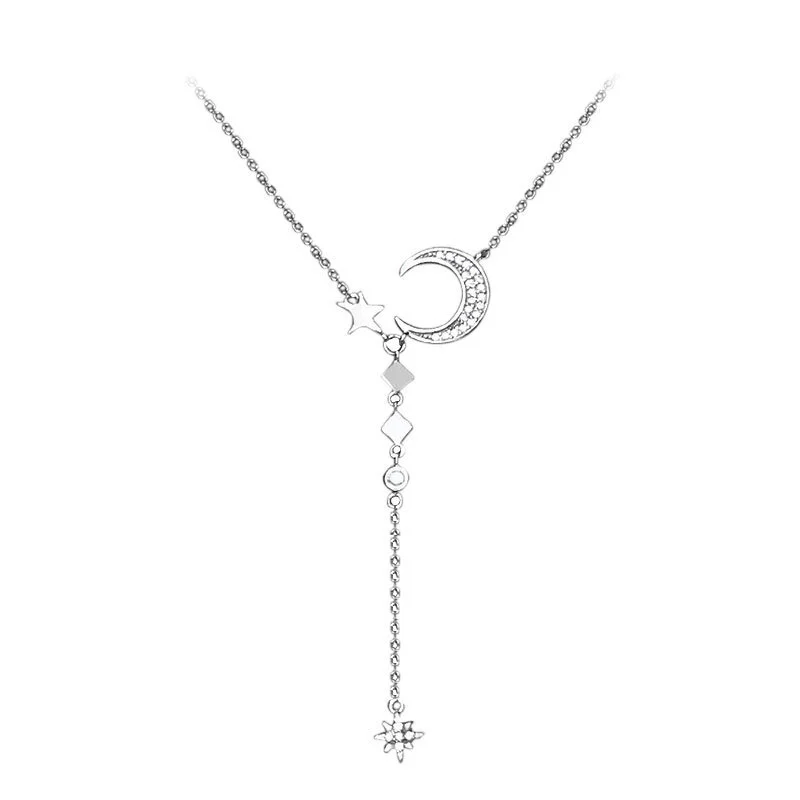 Hainon 925 sterling silver flashing diamond star moon lock necklace 2021 new female clavicle chain niche 1
