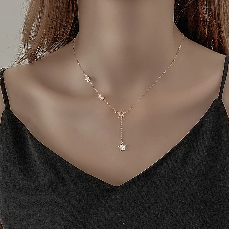 Hainon wholesale 925 Sterling Silver Star Moon Tassel Necklace Female 2021 New Clavicle Chain Necklace 1