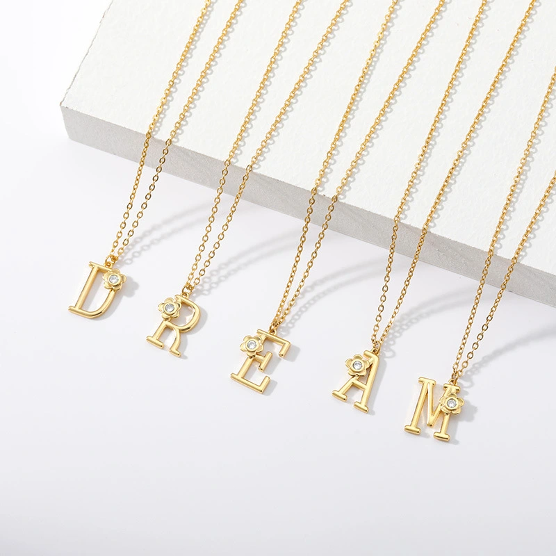 Hainon Stainless Steel Gold Capital English Letter Necklace Bohemian Style Rose Flower Pendant with zircon1 1