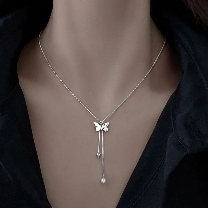 Hainon S925 Butterfly Necklace Female Adjustable Clavicle Chain Dainty Necklaces Sterling Silver for Women Pendant Necklaces 1