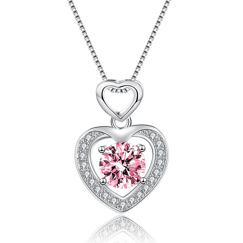 Hainon women heart necklace jewelry fashion Pink white yellow blue shiny zircon Stainless steel necklace spot wholesale 1