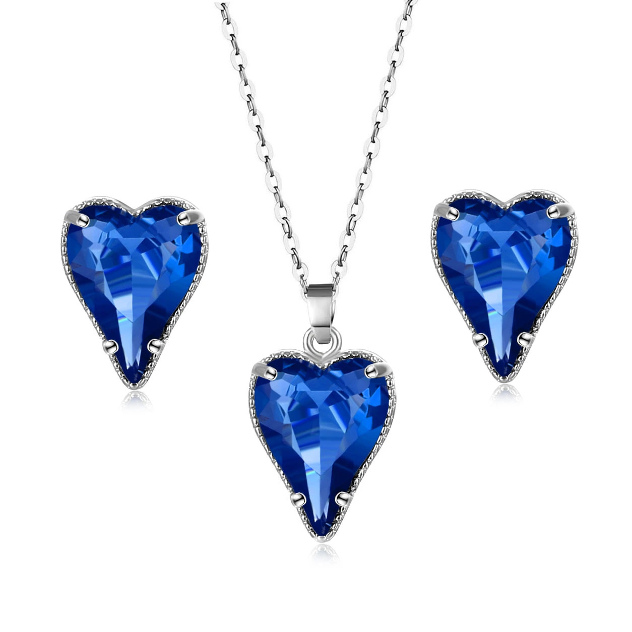 Hainon cheap jewelry set heart stud earring necklace 925 silver plated pink blue crystal Cheap wholesale 1