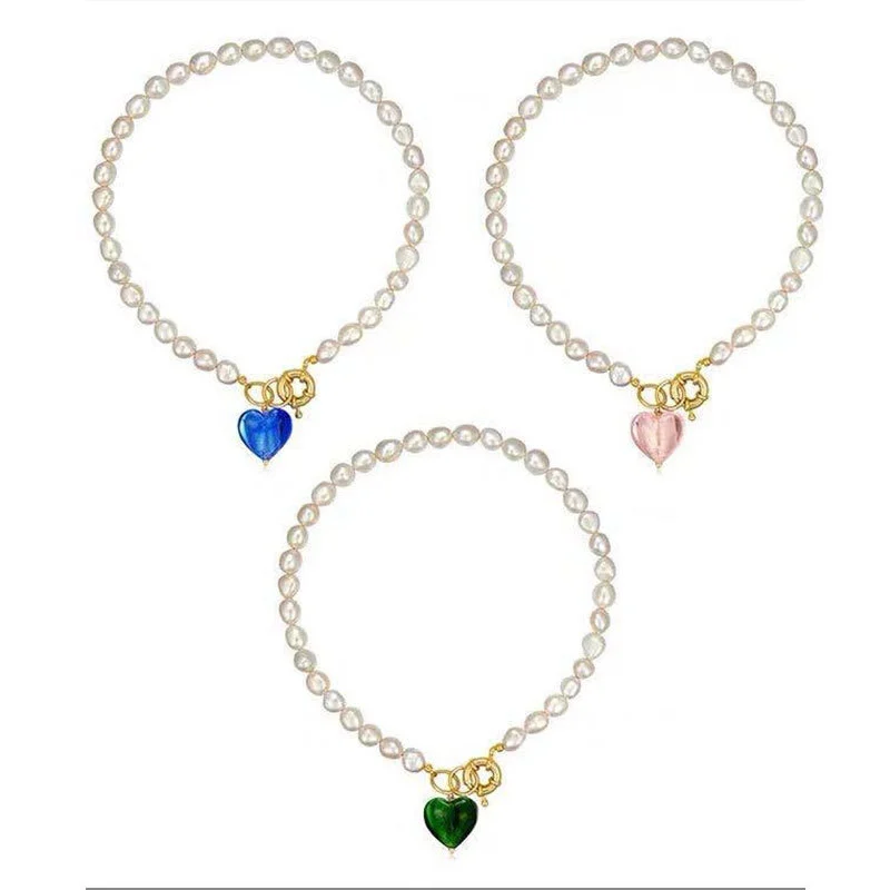 Hainon Brass Pearl Pendant Clavicle Chain Fashion Temperament Colored Glass Love Necklace wholesale 1