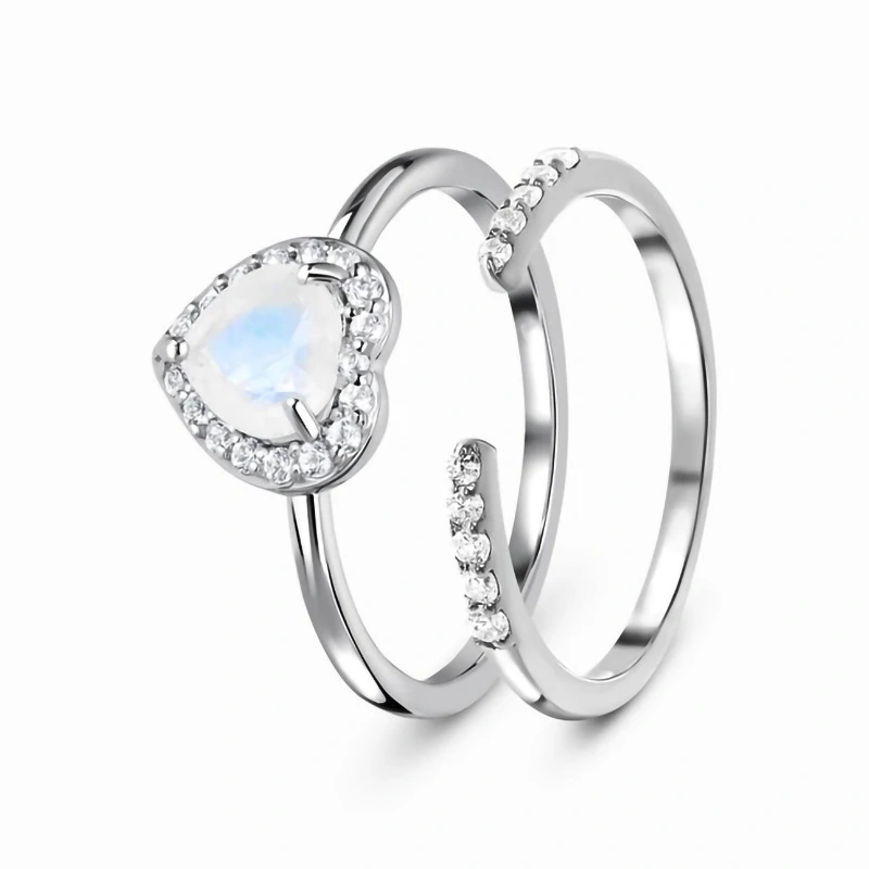 Hainon 925 Sterling Silver Love Heart Shape Rings Rainbow Moonstone Engagement Ring Romantic Wedding Two Ring Sets 1