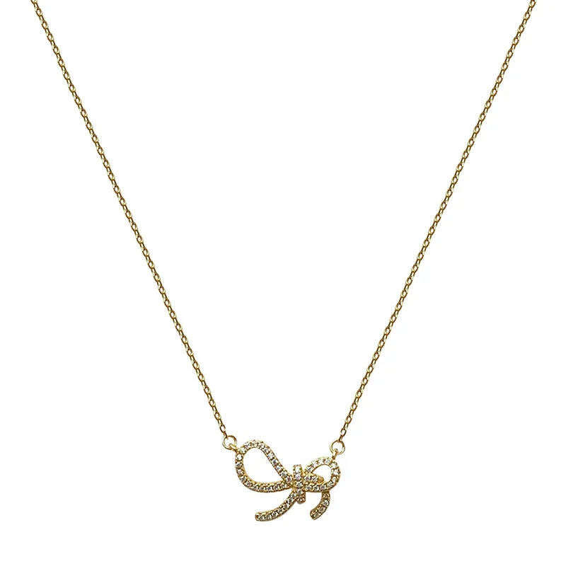 Hainon 925 Silver Sweet Bowknot Diamond Necklace Elegant Temperament All match Clavicle Chain wholesale 1