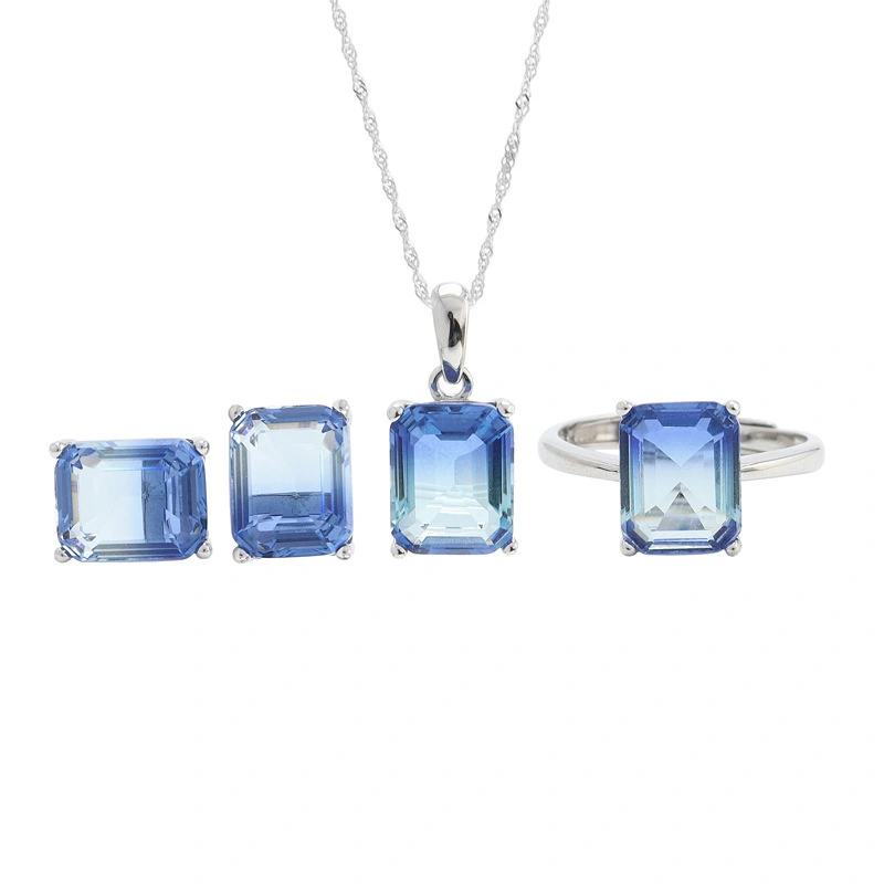 Hainon Sterling Silver jewelry set 10mm Square mixed color zircon Ring pendant Necklace Earrings Set for Women gift 2022 1