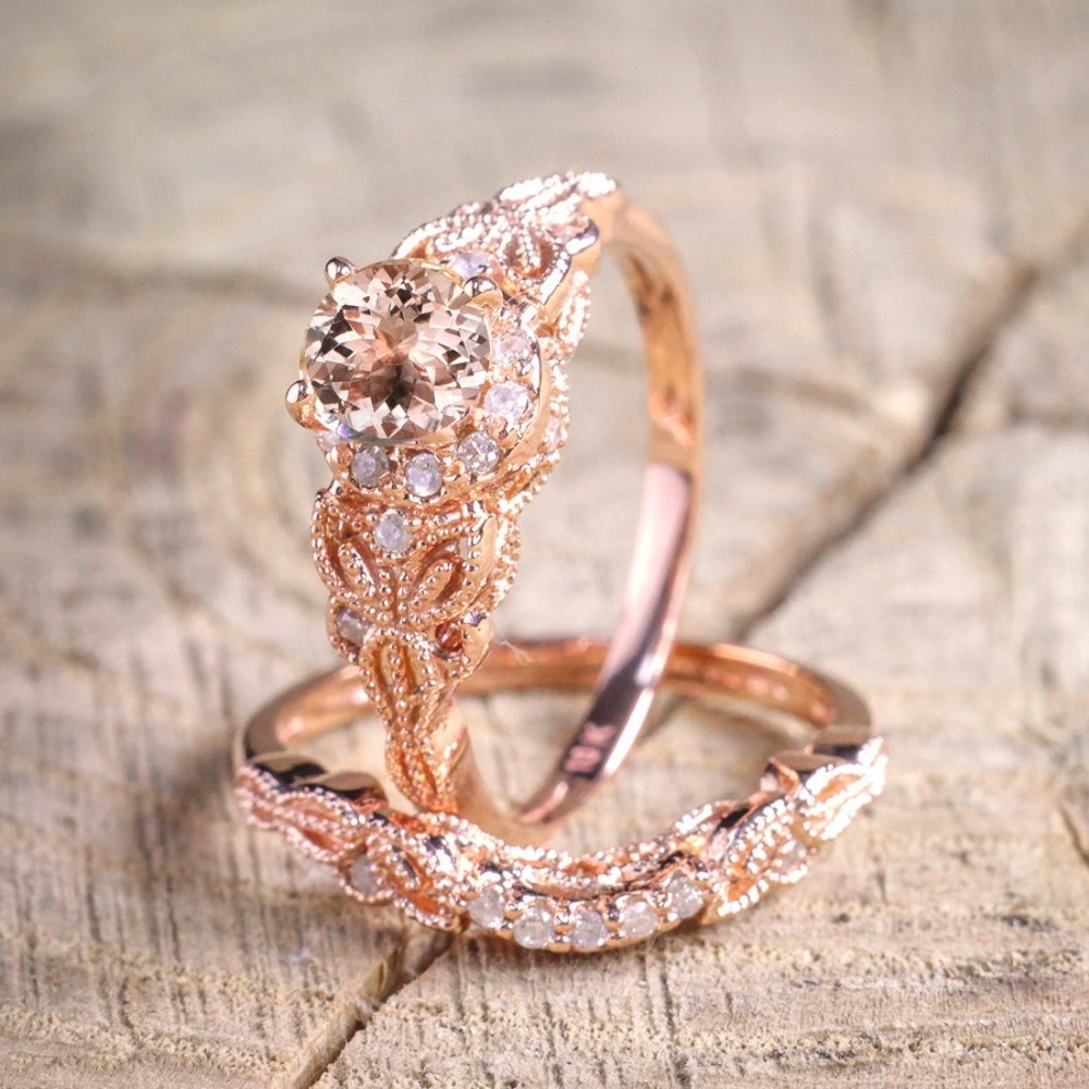 Luxury Plated Rose Gold Ring Set Women Fashion Jewelry Diamond Engagement Ring 1