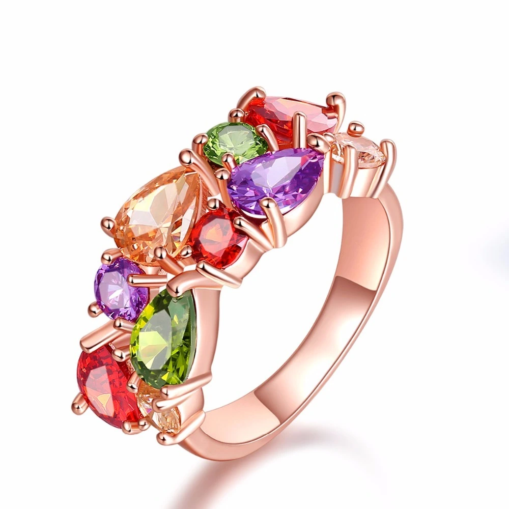 Hainon Fashion Rose Gold Plated Rings For Women Flower Leaf Multi Color Zircon Crystal Wedding Engagement Rings Wholesale 1
