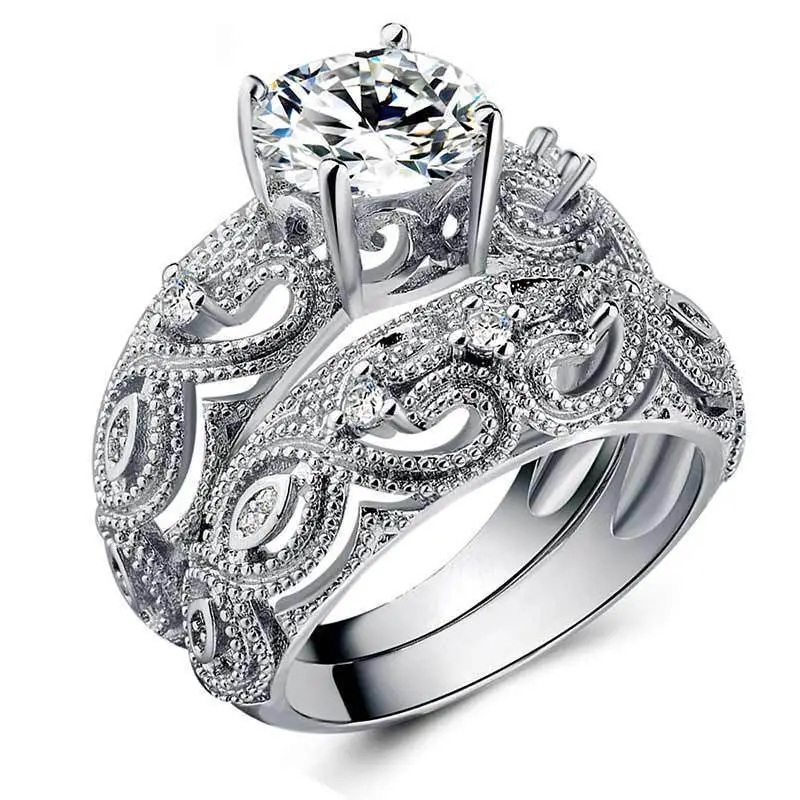 Hainon Two-piece ring design Hollow pattern white zircon women wedding rings cheap wholesale 1