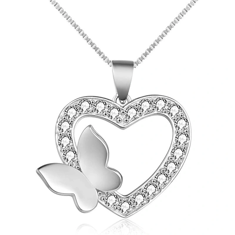 Hainon S925 Silver Necklace Glossy Butterfly Heart Diamond Pendant Love Heart Pendant niche personality 1