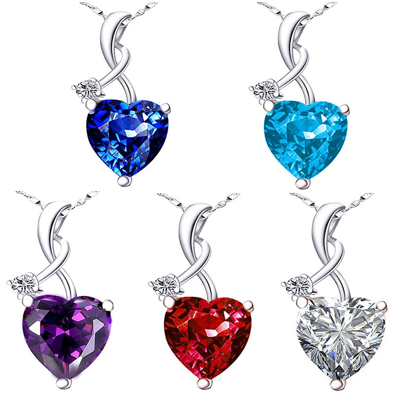 Hainon Hot sale new red love heart pendant European and American 925 silver plated sea blue necklace 1
