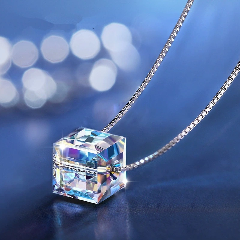 6mm 8mm Aurora Cube Necklace Austria Crystal Pendant accessories short paragraph hypoallergenic cubic pendant necklace 1
