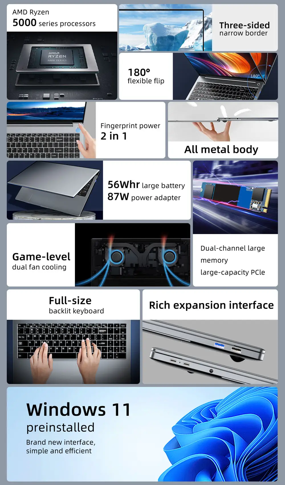 KUU G5 Pro Laptop 15.6 inch 16GB+512GB AMD Ryzen 7 5800H PCIE Windows 11 Notebook 8