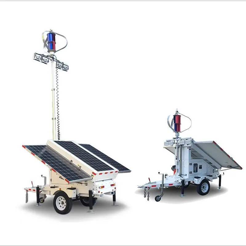 400W LED-lig mobiele sonwind-hibriede-opwekker-sleepwa-toring met genset-rugsteun 1